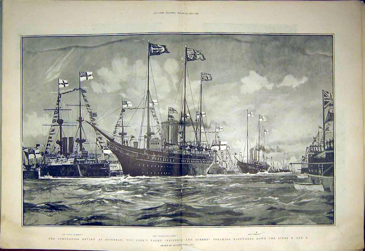Original Old Antique Print Coronation Review Spithead King Yacht Dixon 1902