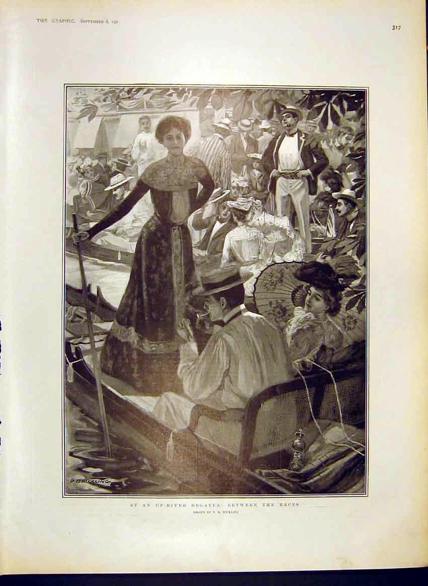 Original Old Antique Print River Ragatta Races Boats Hickling 1902 20th Century