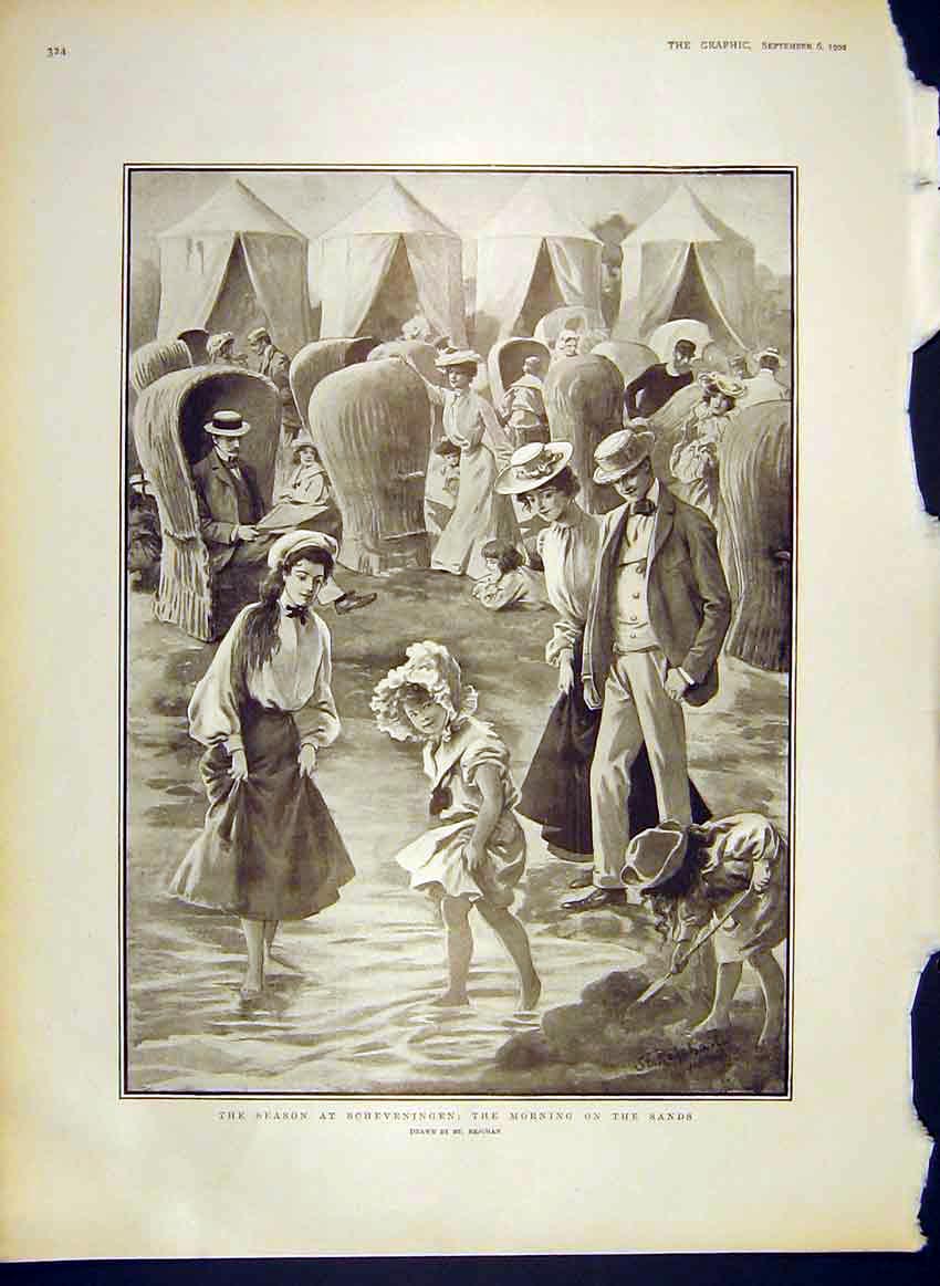 Old Antique Print Scheveningen Morning Sands Children Beach Rejchan 1902 20th