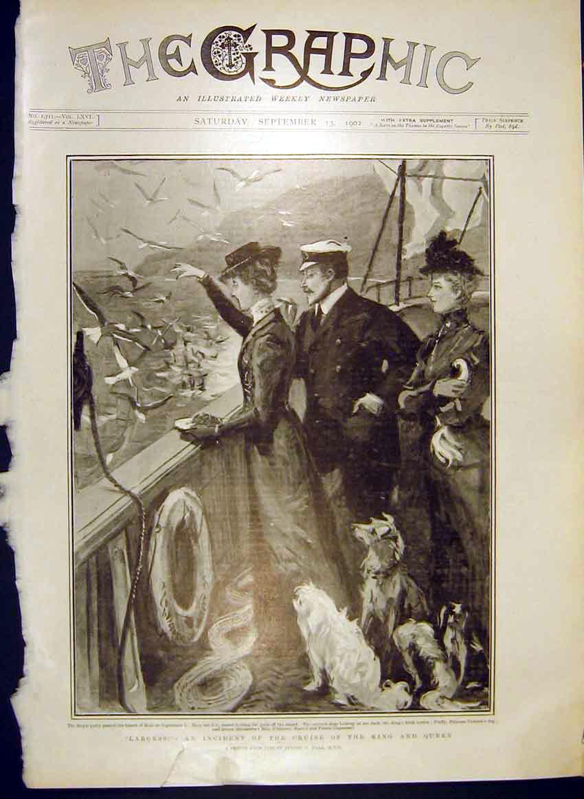 Original Old Antique Print Largess Cruise King Queen Mull Gulls Dogs 1902 20th