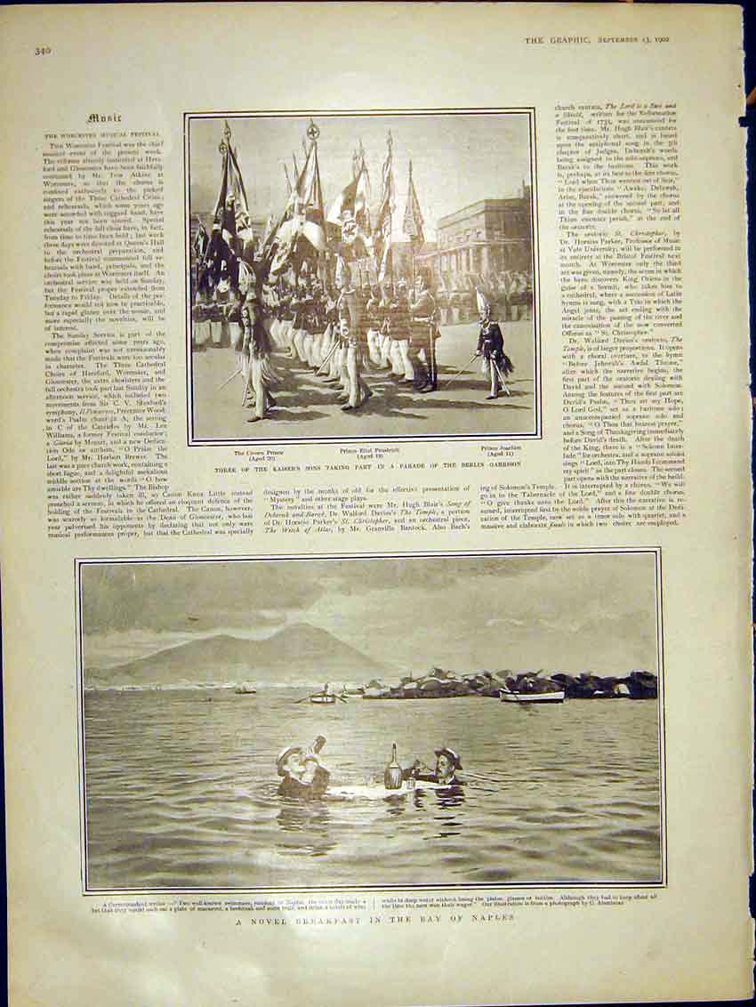 Old Antique Print Kaiser Son Parade Berlin Garrison Breakfast Bay Naples