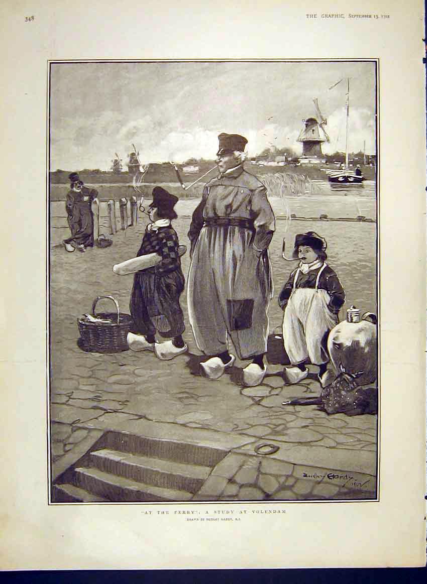 Original Old Antique Print Ferry Study Sketch Volendam Hardy Fine Art 1902 20th