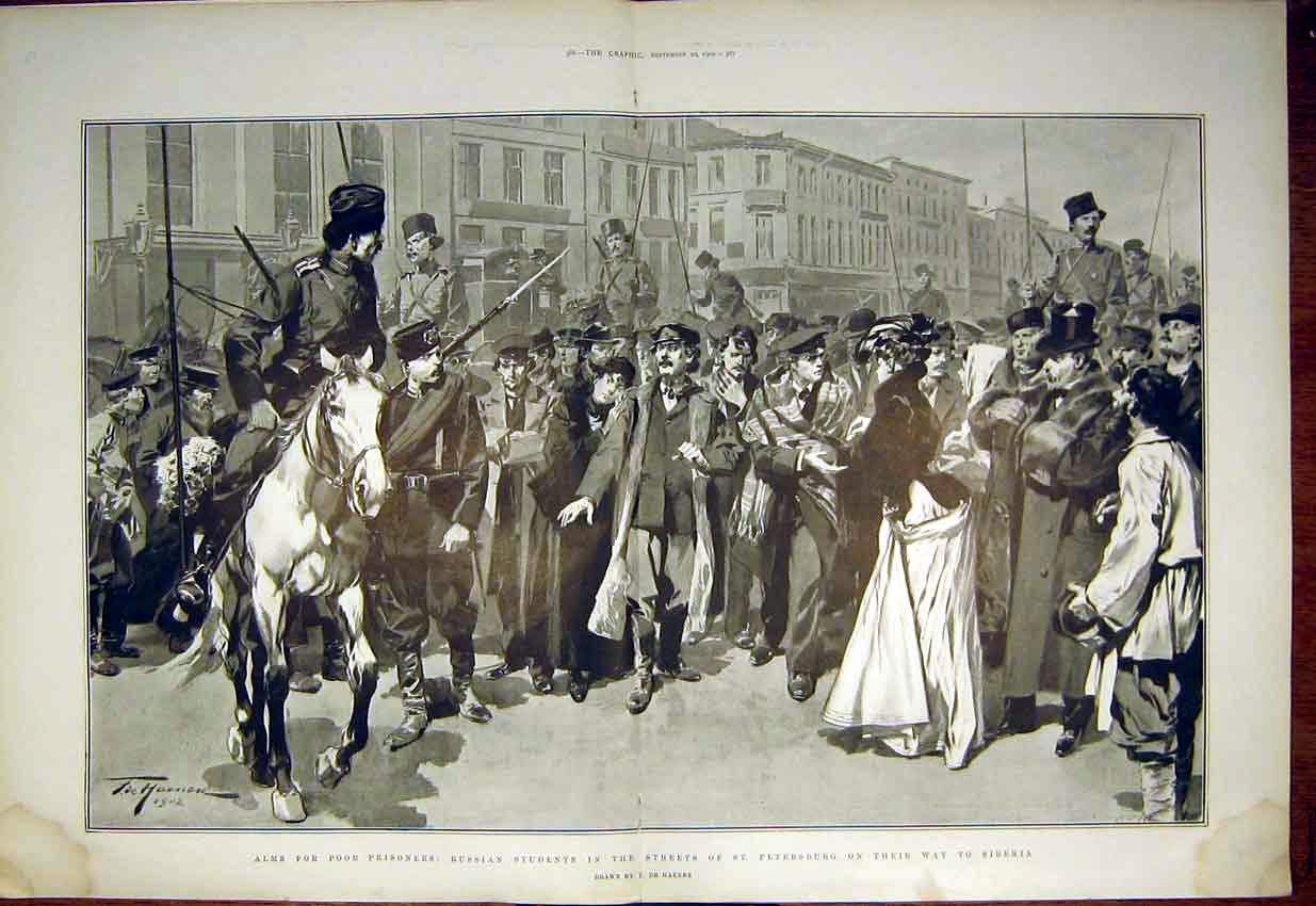 Original Old Antique Print Russian Students St Petersburg Prisoners Haenen 1902