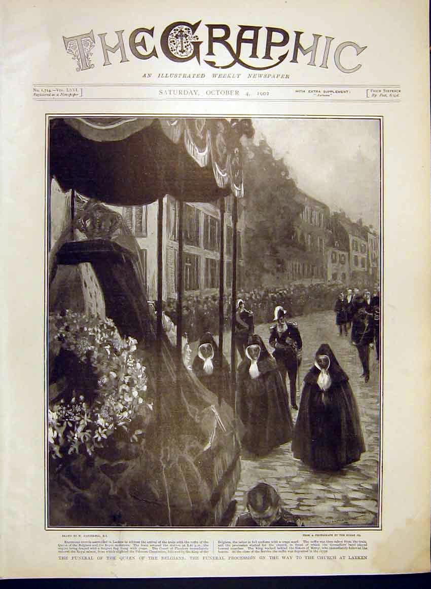 Original Old Antique Print Funeral Queen Belgians Procession Church Laeken 1902