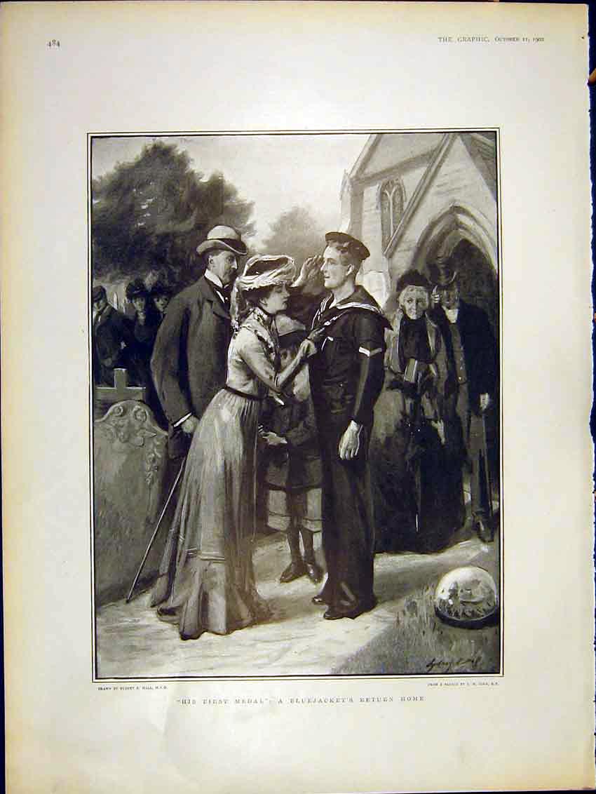 Original Old Antique Print Medal Bluejacket Home Sier Church Hall 1902 20th