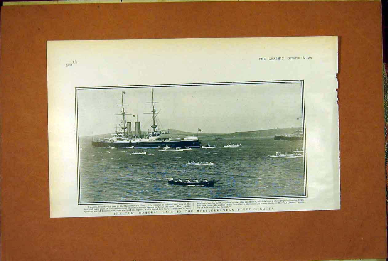 Original Old Antique Print Boat Race Mediterranean Fleet Regatta 1902 20th