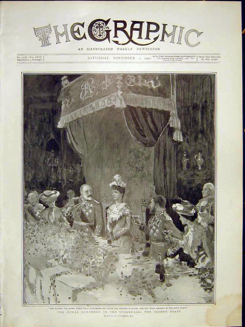 Original Old Antique Print Royal Luncheon Guildhall Family Queen Hatherell 1902