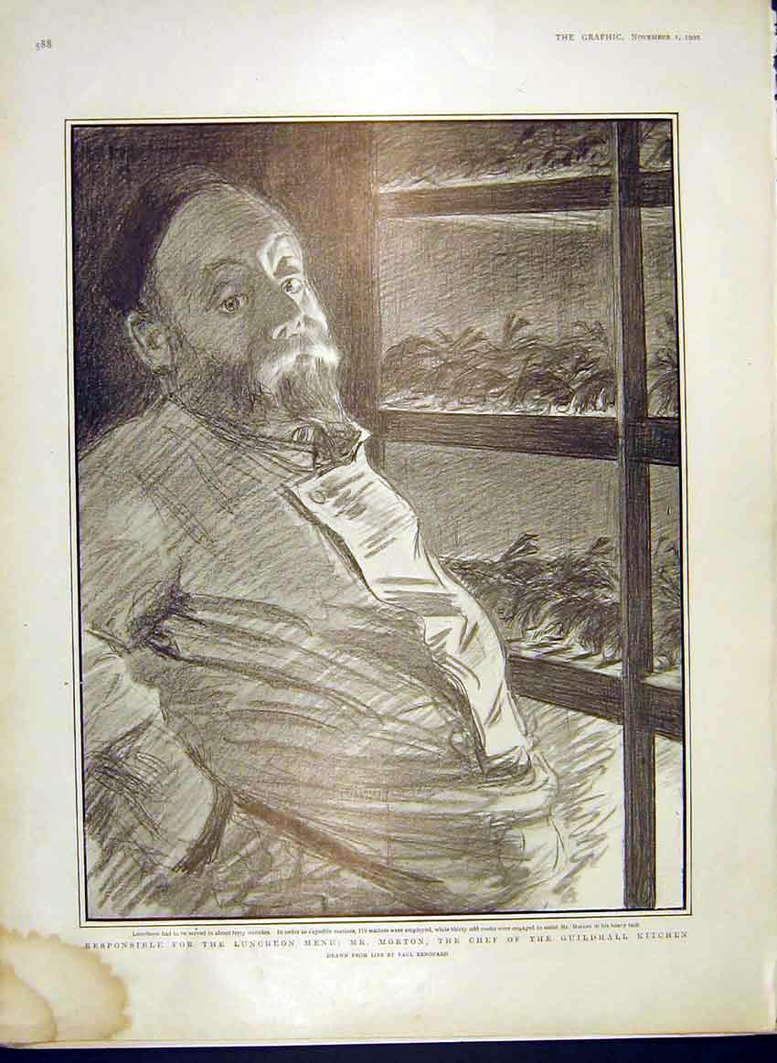 Original Old Antique Print Morton Chef Guildhall Kitchen Portrait Renouard 1902