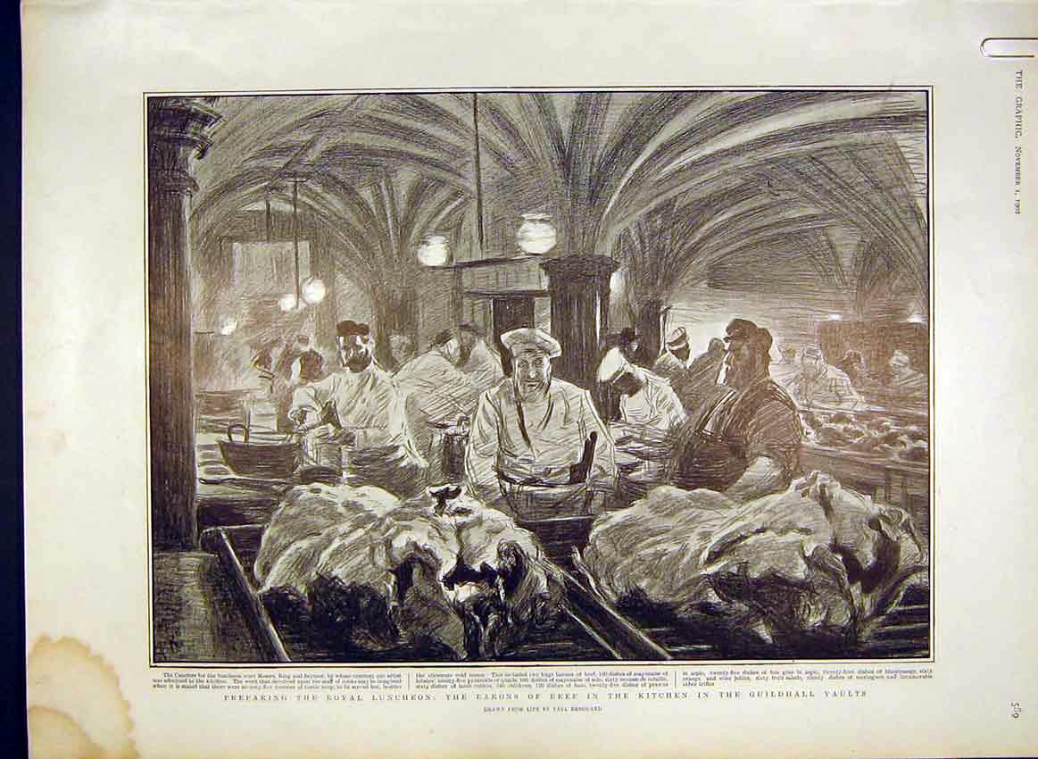 Original Old Antique Print Royal Luncheon Guildhall Procession Monument 1902