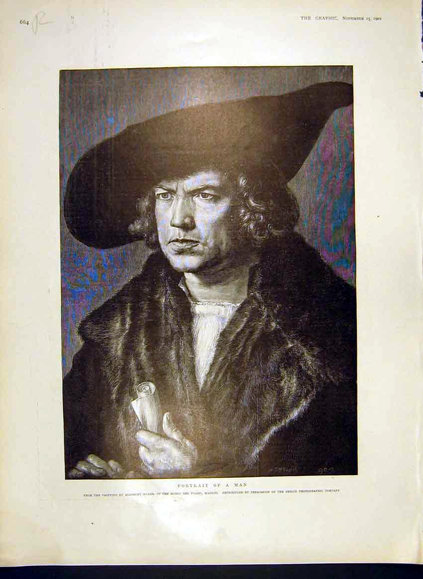 Original Old Antique Print Portrait Man Durer Fine Art 1902 French Duel 20th
