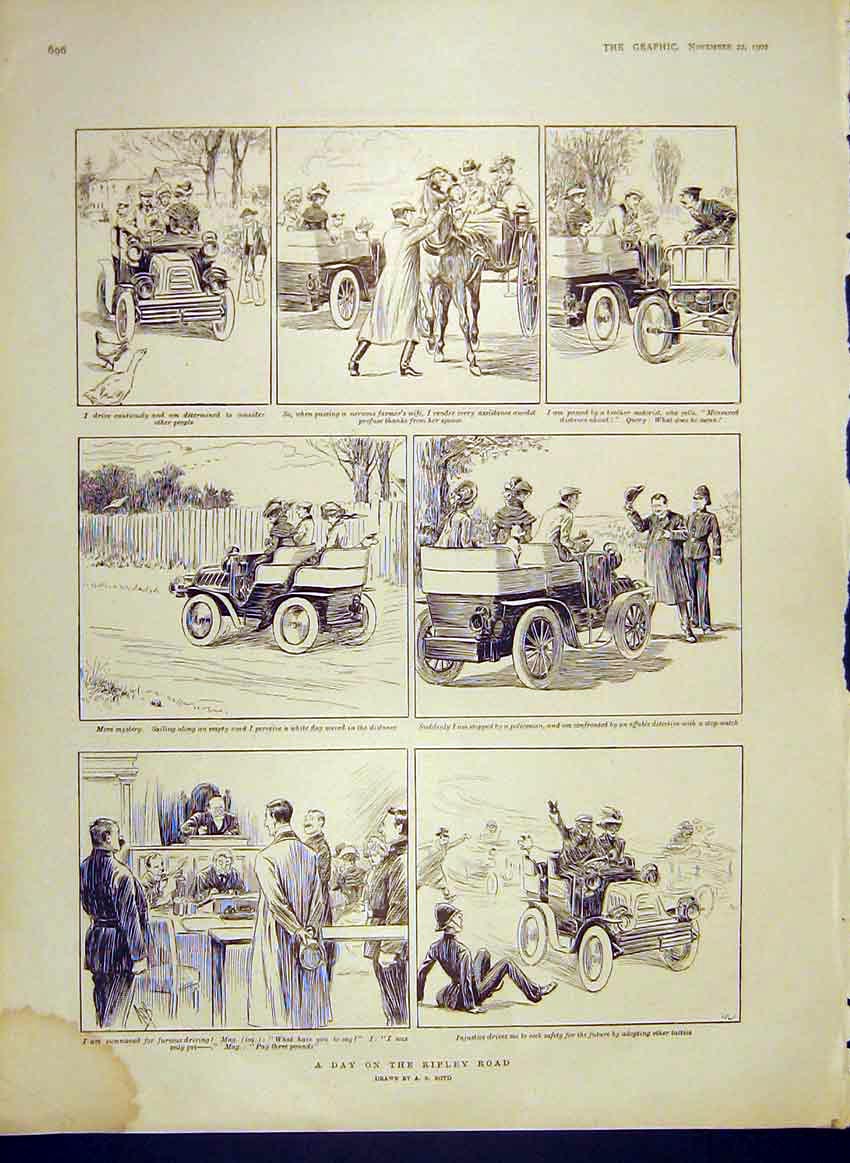 Original Old Antique Print Ripley Road Travels Motor-Car Automobile 1902 20th