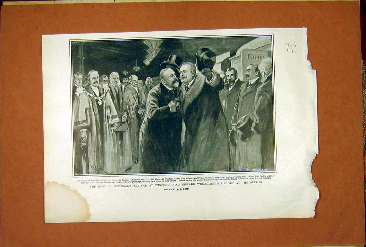 Original Old Antique Print King Portugal Windsor Station Edward Boyd 1902 20th