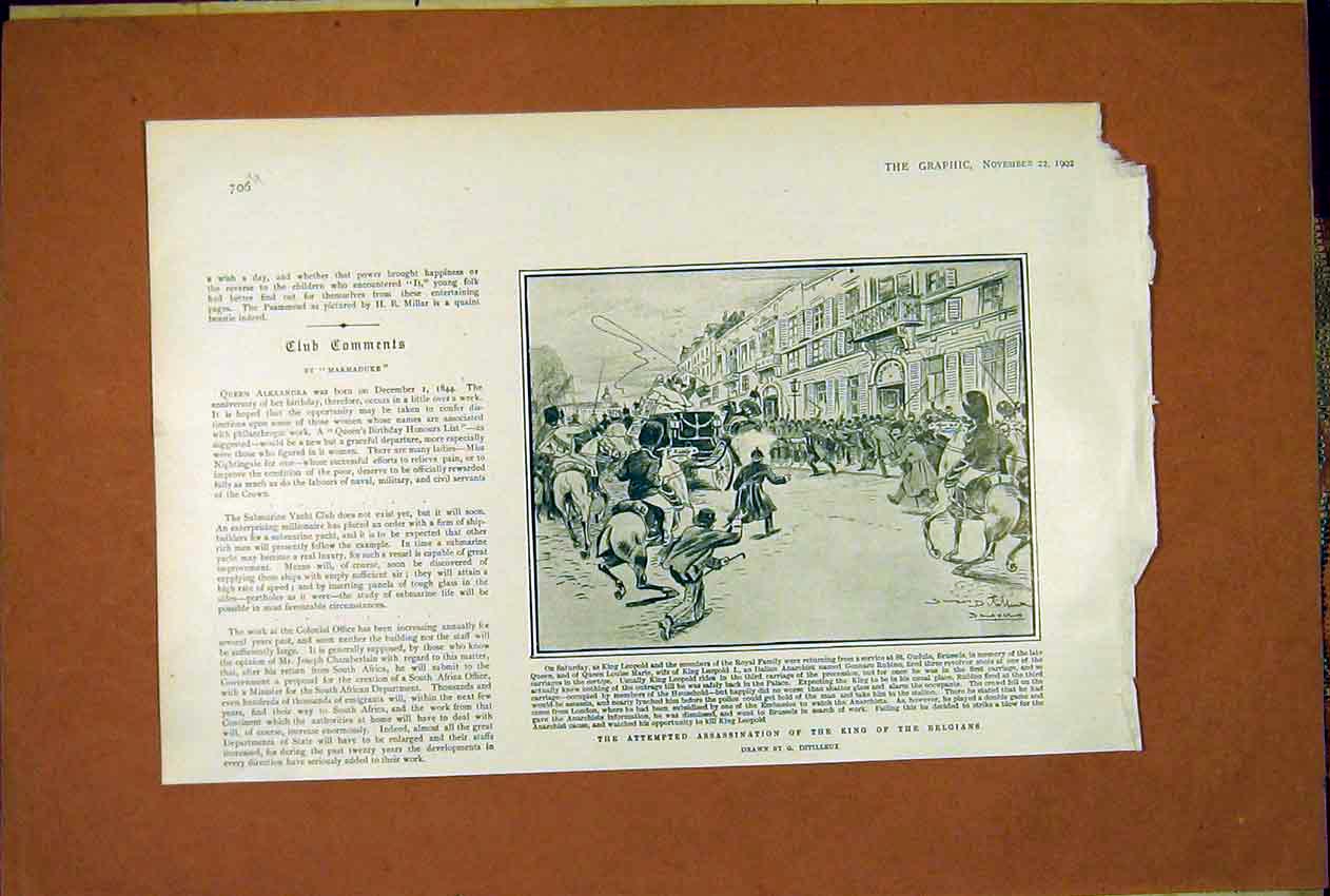 Original Old Antique Print King Belgian Assasination Attempt Ditilleux 1902