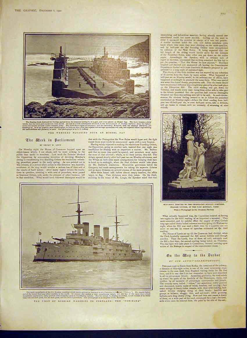 Original Old Antique Print Mossel Bay Russian Warship Pobielda Gounod Paris 1902