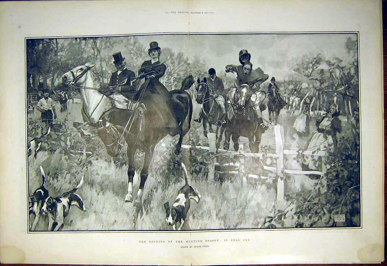 Old Antique Print Hunting Season Hunt Hounds Full Cry Craig Fine Art 1902 20th