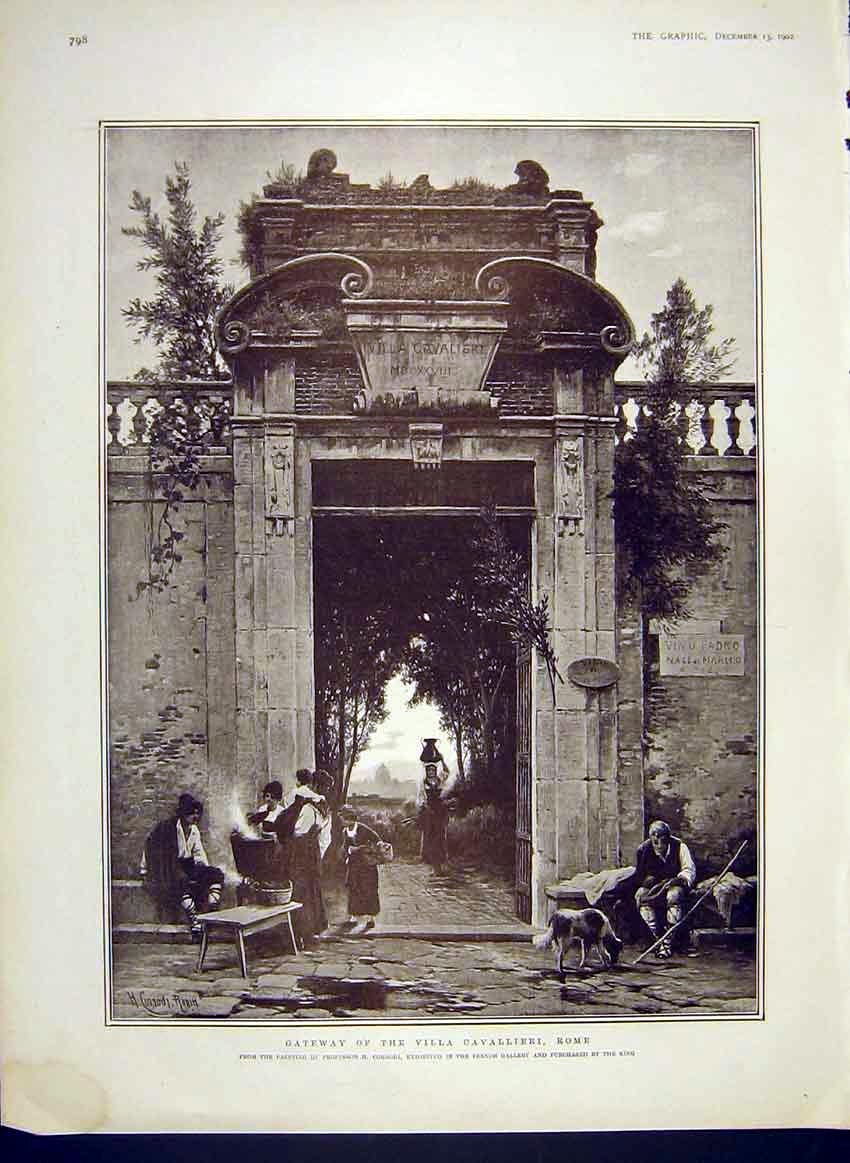Original Old Antique Print Gateway Villa Cavallieri Rome Italy Corrodi 1902 20th