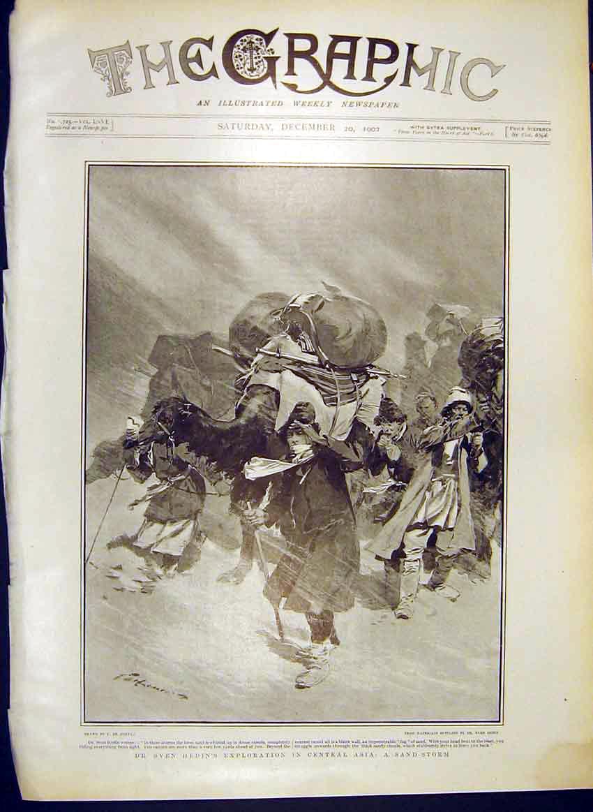 Original Old Antique Print Hedin Expoloration Central Asia Sand-Storm 1902 20th