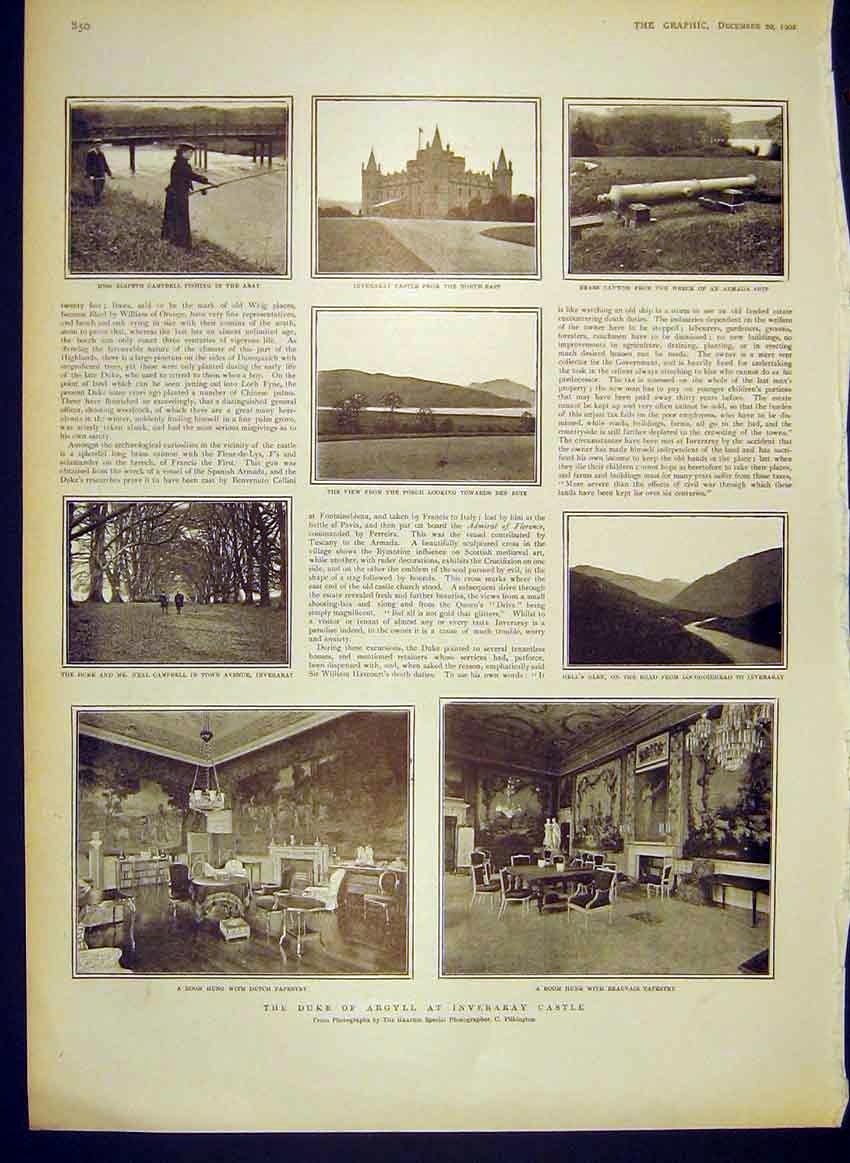 Original Old Antique Print Duke Argyll Inverary Castle Scotland Aray 1902 20th