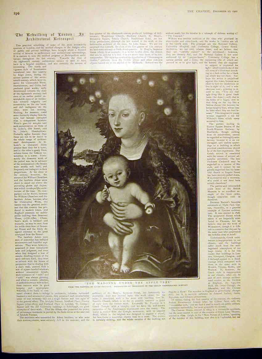 Original Old Antique Print Madonna Apple-Tree Cranach Fine Art 1902 20th Century