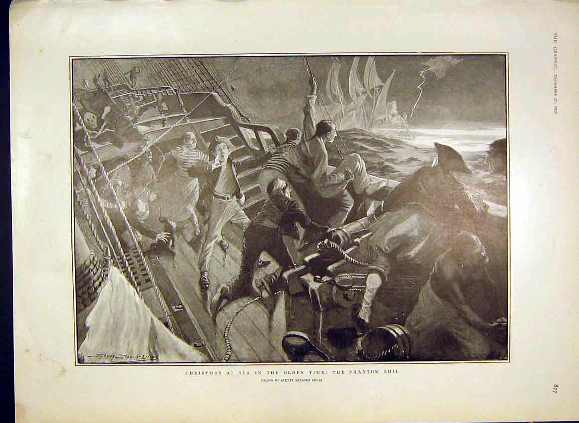 Original Old Antique Print Christmas Sea Phantom Ship Lucas Fine Art 1902 20th