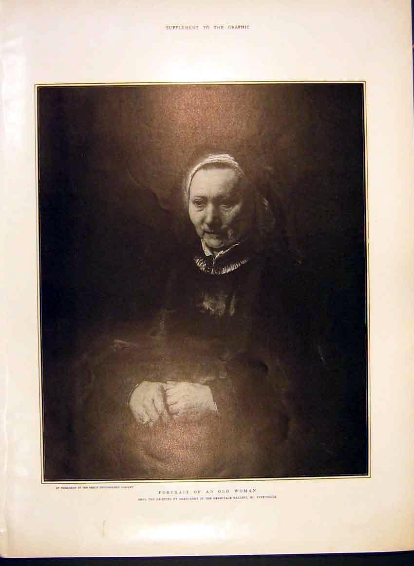 Original Old Antique Print Portrait Woman Rembrandt Fine Art 1902 20th Century