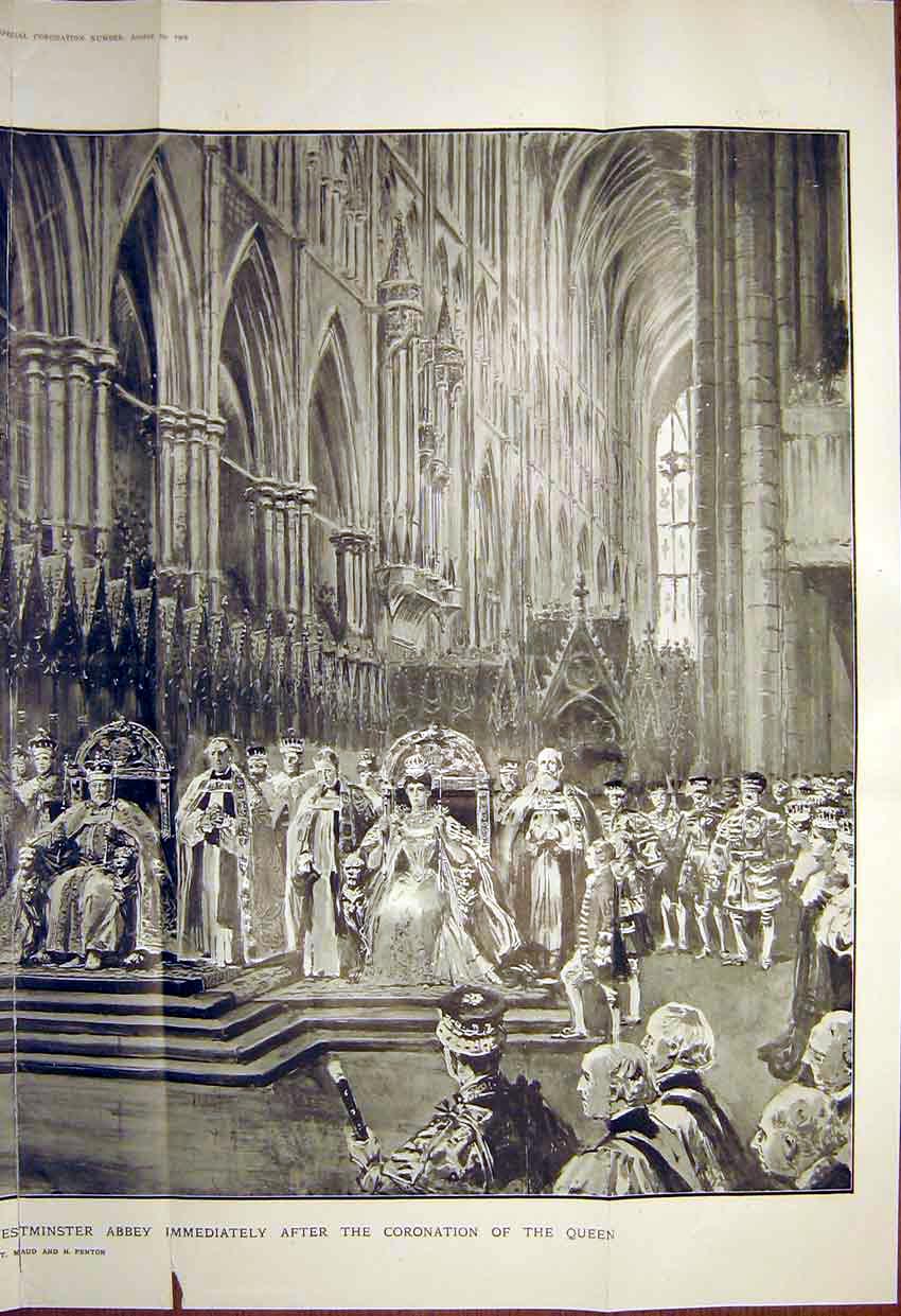 Original Old Antique Print Coronation Westminster Abbey King Queen 1902 20th