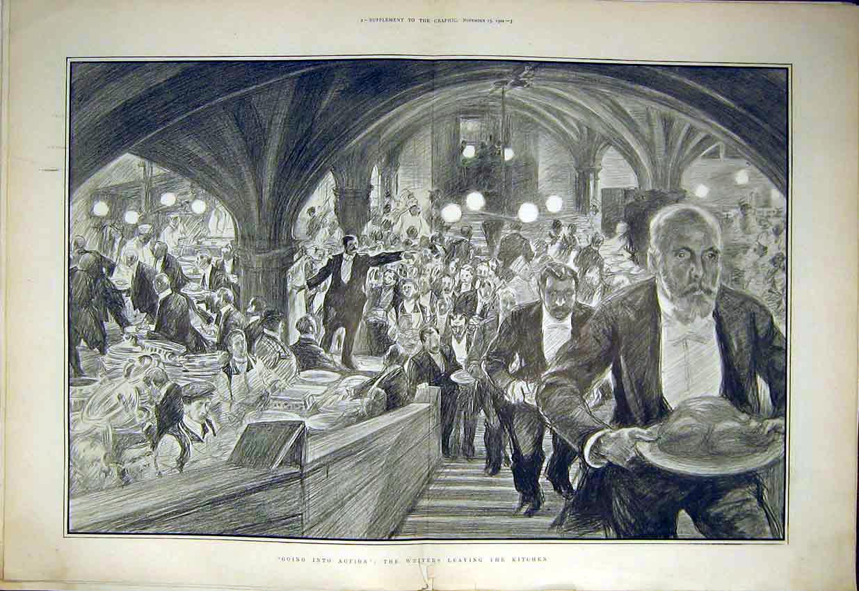 Original Old Antique Print Lord Mayor Banquet Guildhall Kitchen Waiters 1902