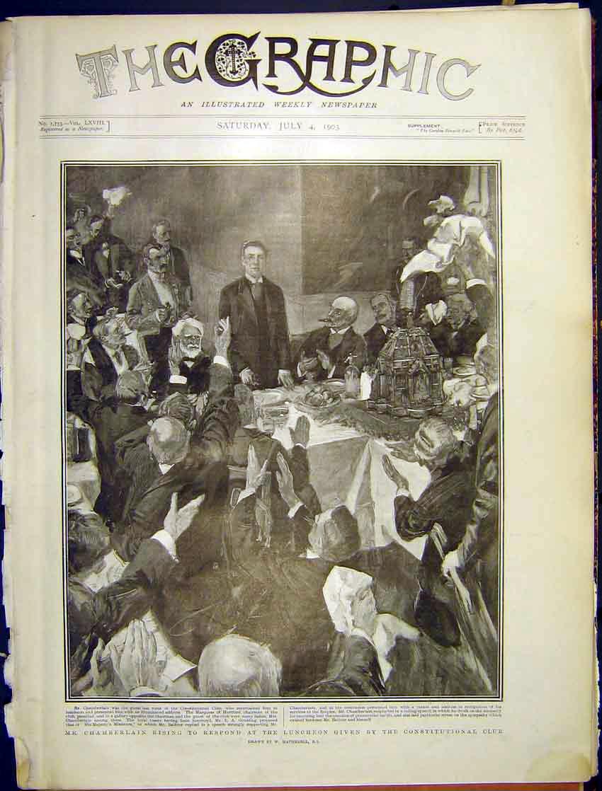 Original Old Antique Print Chamberlain Luncheon Constitutional Club 1903 20th