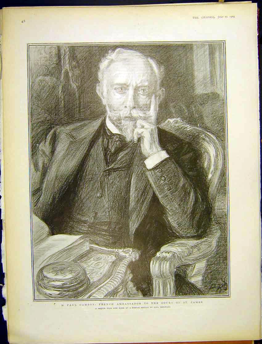 Original Old Antique Print Cambon French Ambassador Court Portrait Renouard 1903
