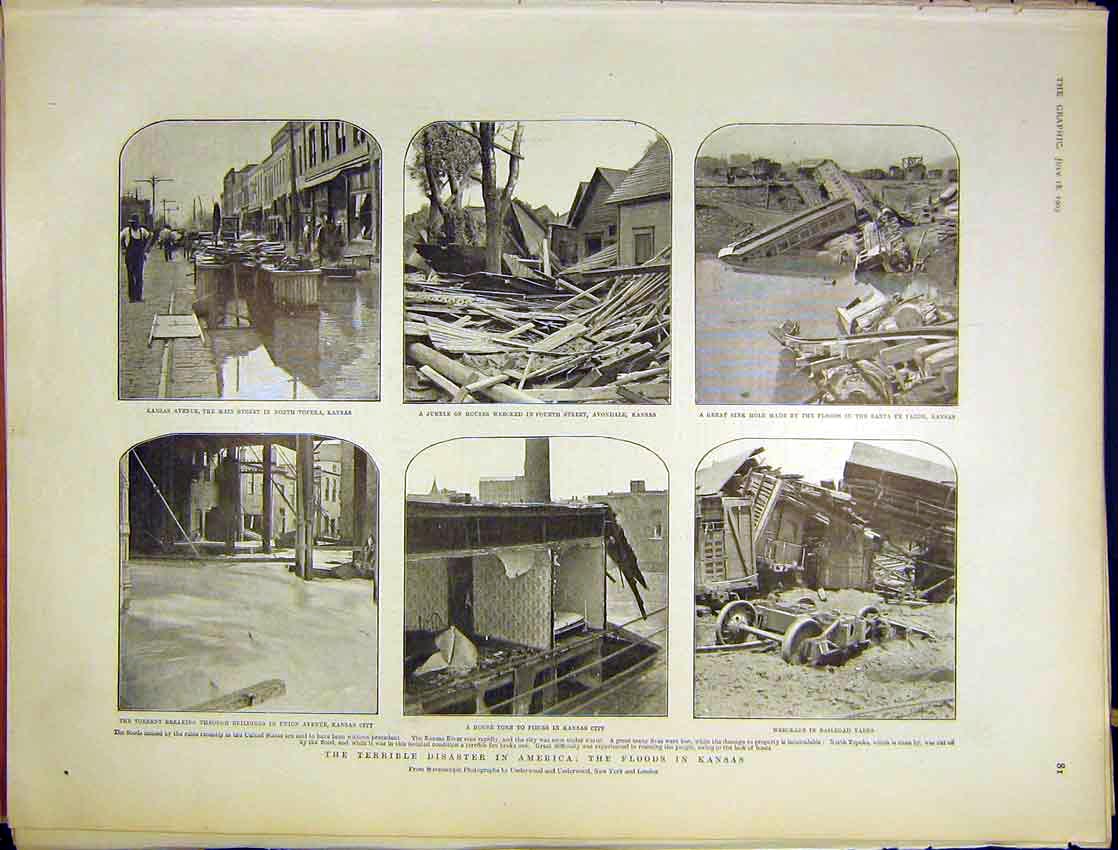 Original Old Antique Print America United States Flood Kansas Ruins 1903 20th