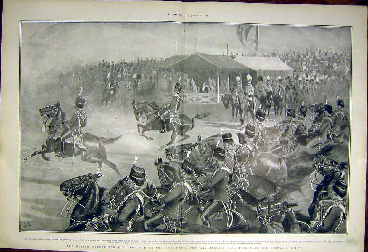 Original Old Antique Print Review King French President Hussars Charlton 1903