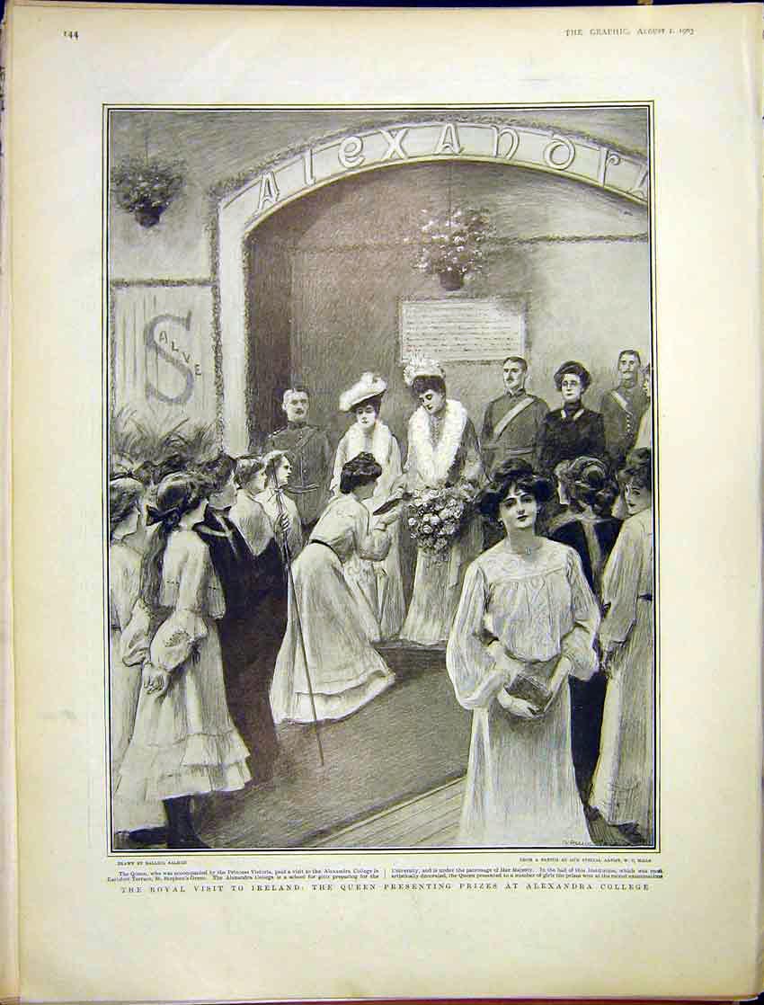 Original Old Antique Print Ireland Royal Visit Queen Alexandra College 1903 20th