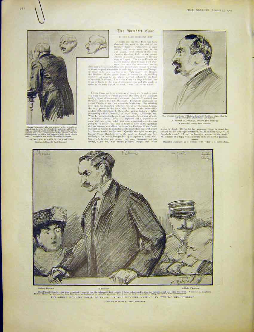 Original Old Antique Print Humbert Case Paris Trial Renouard Portrait 1903 20th