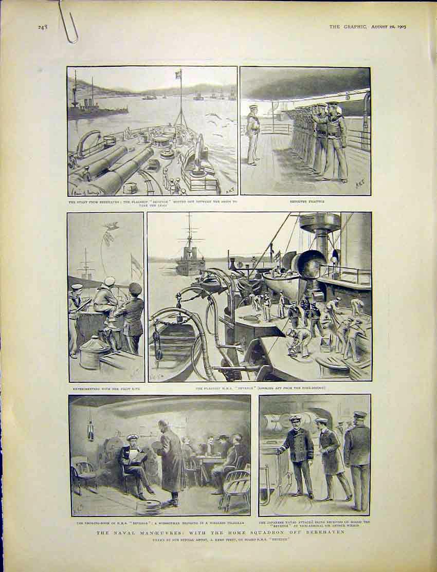 Original Old Antique Print Naval Manoeuvres Squadron Navy Troops Hms Ships 1903