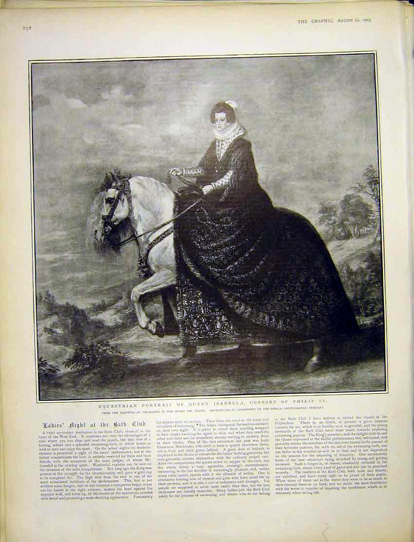 Original Old Antique Print Equestrian Portrait Queen Isabella Spain Consort 1903