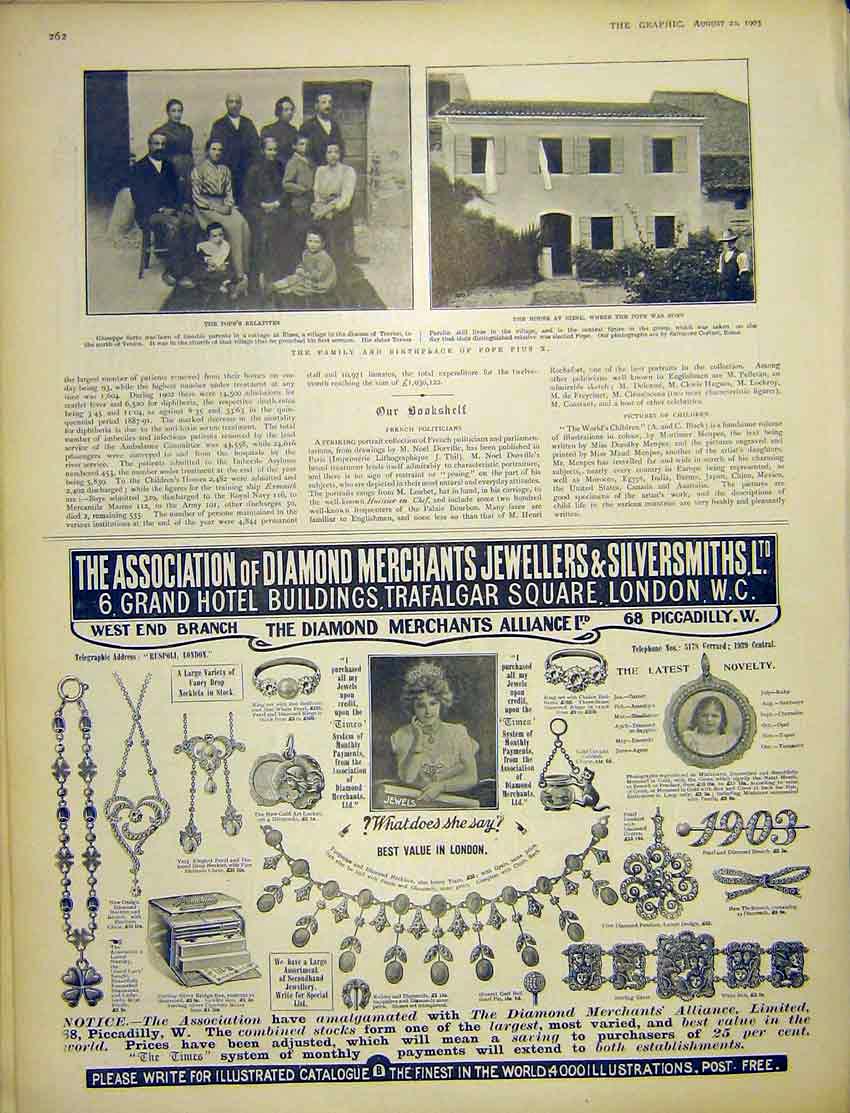Original Old Antique Print Pope Pius X Sarto Advert Diamond Merchants 1903 20th