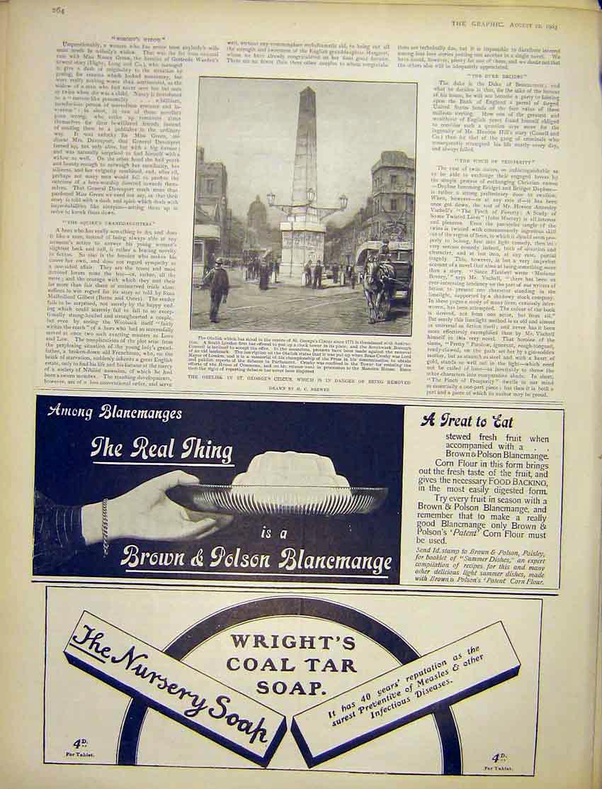 Old Antique Print Obelisk London St George'S Circus Advert Wright'S 1903 20th