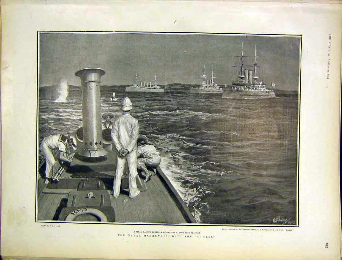 Original Old Antique Print Naval Manoeuvres X Fleet Cannon Waugh 1903 20th