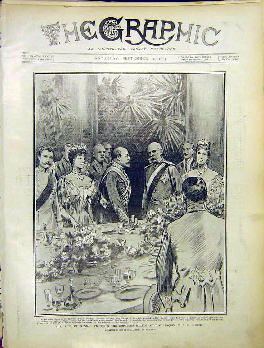 Original Old Antique Print King Vienna Emperor Banquet Hofburg Rejchan 1903 20th