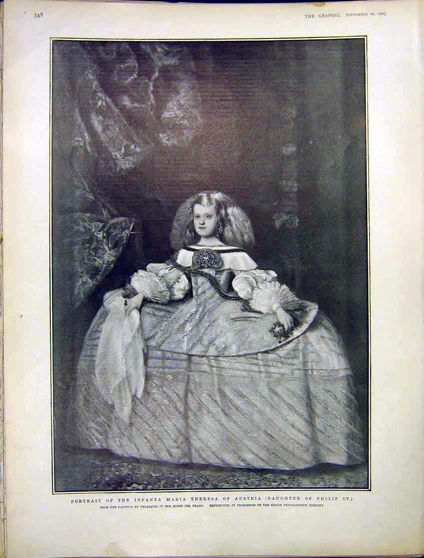 Original Old Antique Print Portrait Infanta Maria Theresa Austria Prado 1903