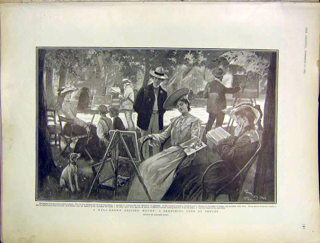 Original Old Antique Print Artist Haunt Sketches Club Bruges Scott 1903 20th