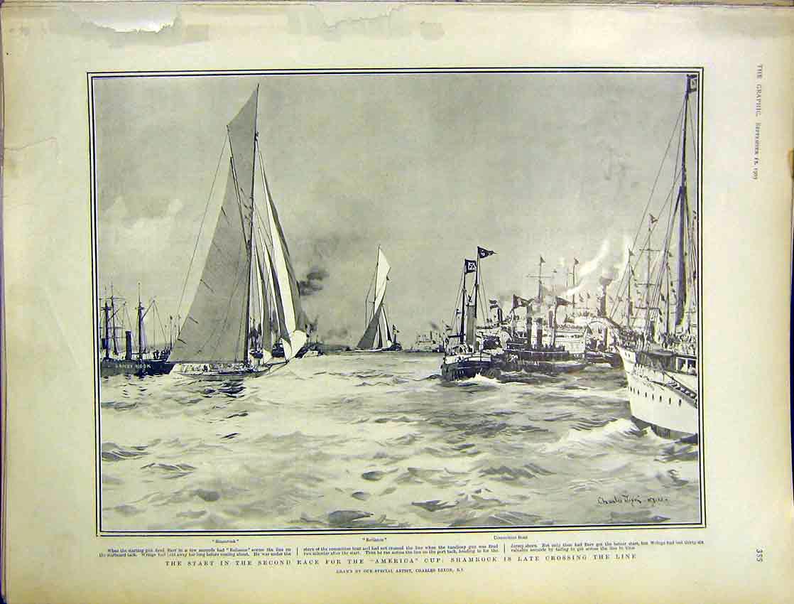 Original Old Antique Print Yacht Race America Shamrock Reliance Dixon 1903 20th