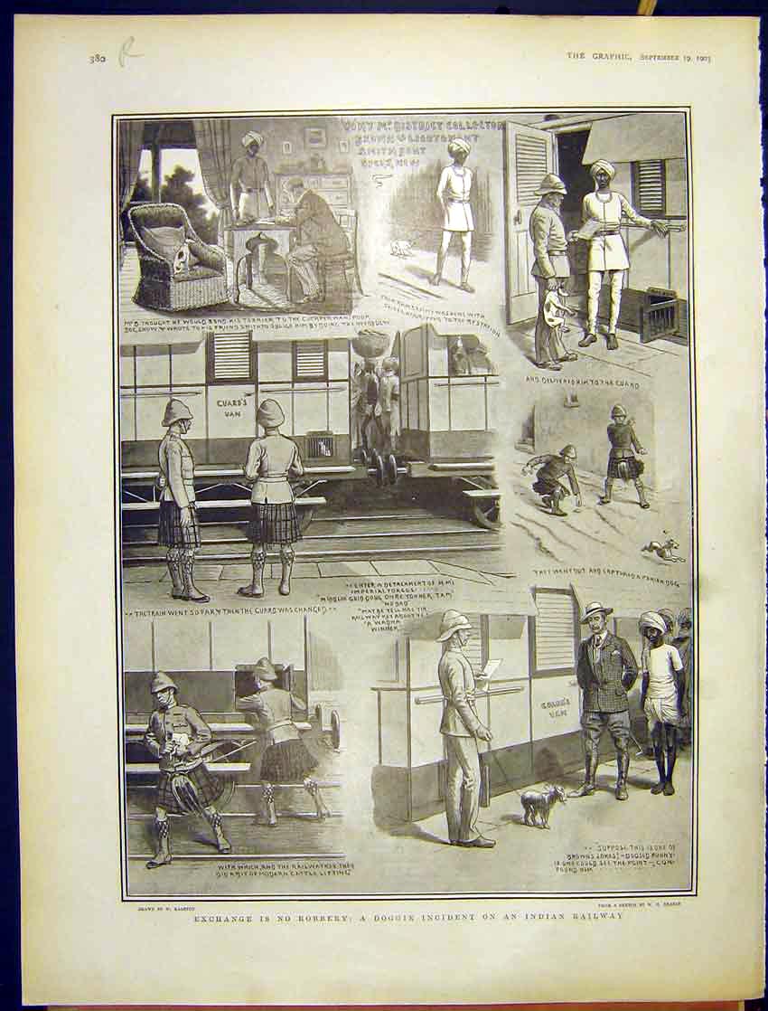 Original Old Antique Print Doggie Incident Indian Railway Sketch St Leger 1903