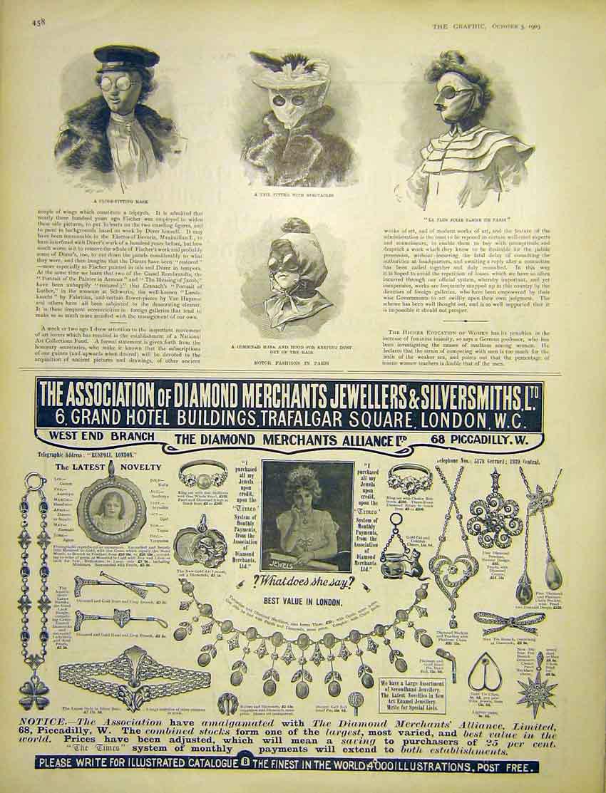 Original Old Antique Print Mask Veil Spectacles Motor Fashion Paris France 1903