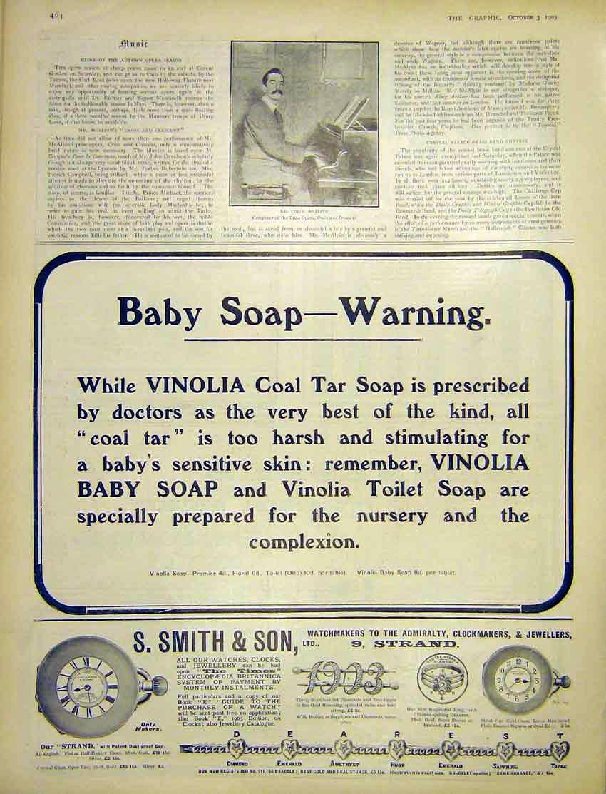 Original Old Antique Print Portrait Mcalpin Advert Vinolia Soap 1903 20th