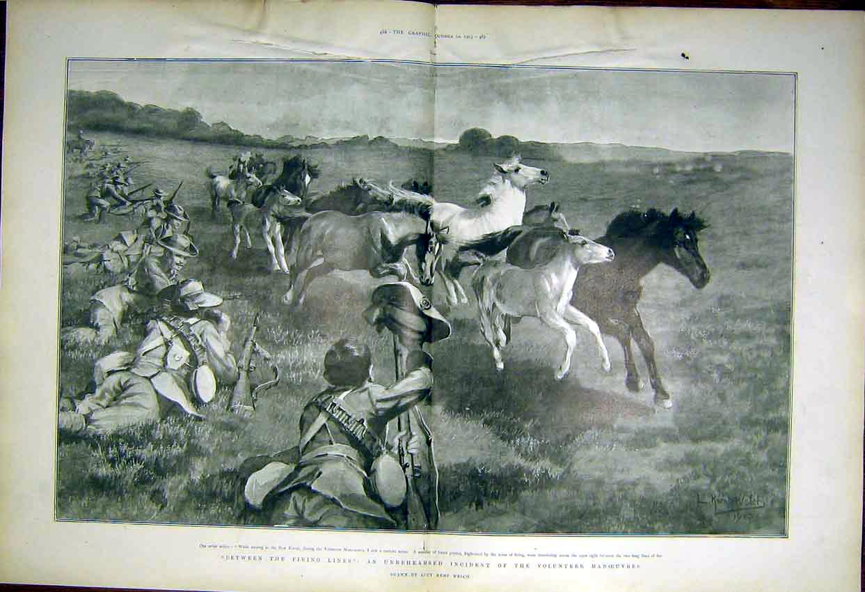 Old Antique Print Volunteer Manoeuvres Horses Ponies Welch Military 1903 20th