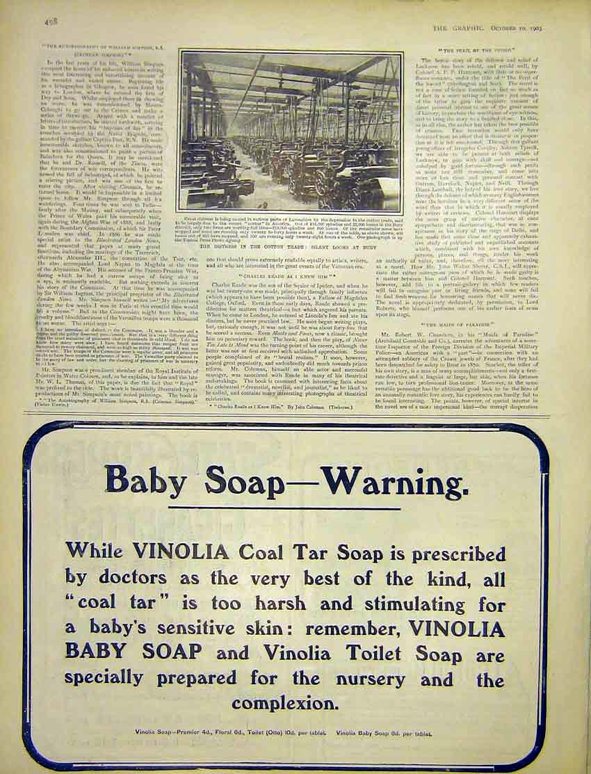 Original Old Antique Print Cotton Trade Looms Bury Factory Advert Vinolia 1903