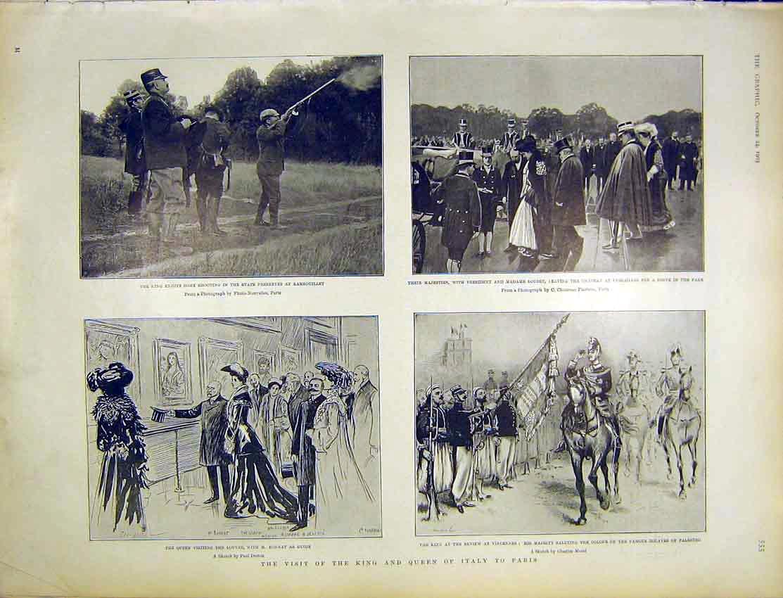 Original Old Antique Print King Queen Italy Rambouillet Loubet Louvre 1903 20th