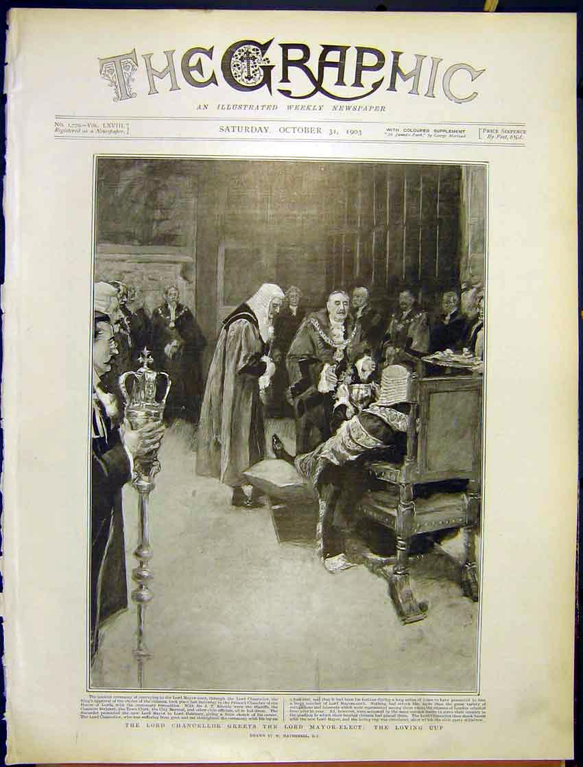 Original Old Antique Print Lord Mayor Lord Chancellor Loving Cup 1903 20th