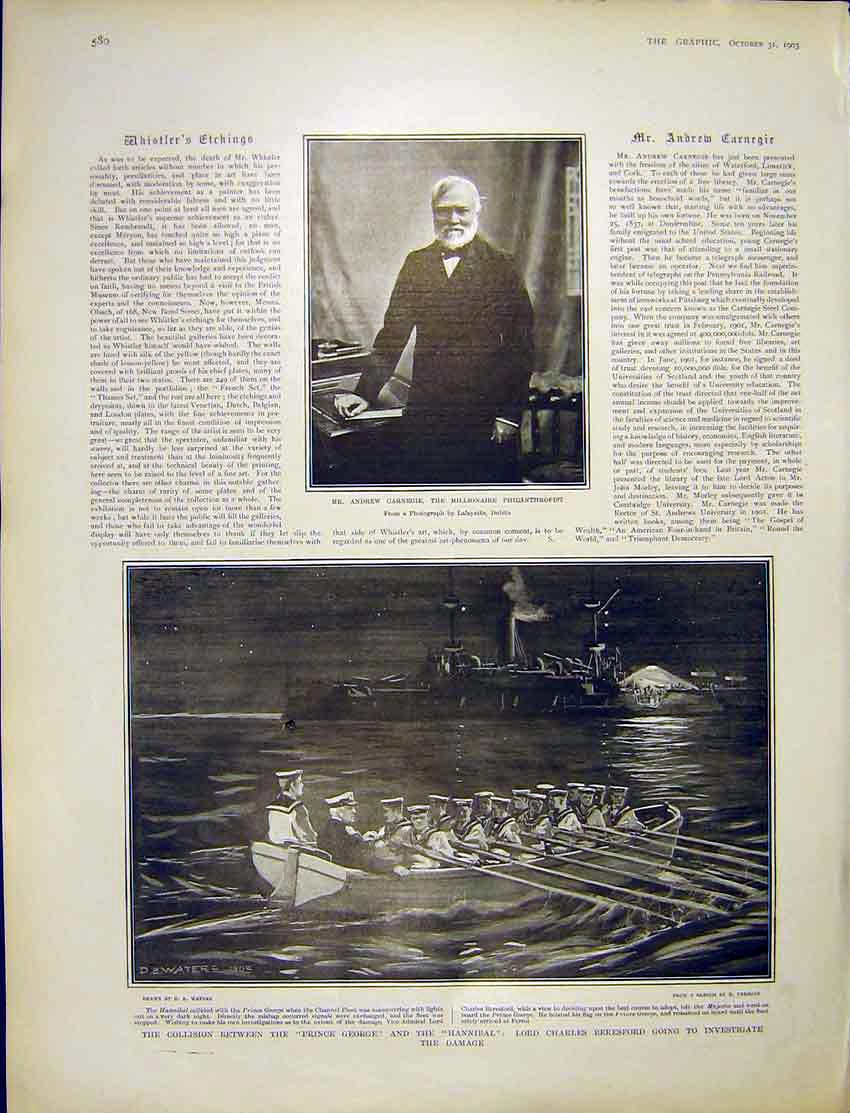 Old Antique Print Carnegie Portrait Beresford Ship Hannibal Prince George